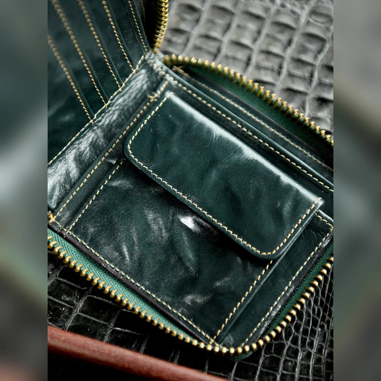 Forest Green leather wallet interior with divided storage and snap coin pocket