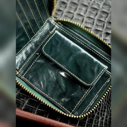 Forest Green leather wallet interior with divided storage and snap coin pocket