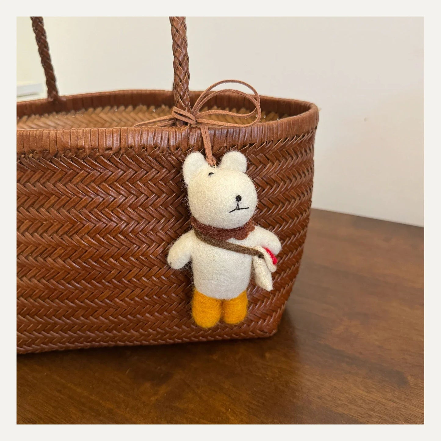 Handmade backpack bear wool felt bag charm with leather cord