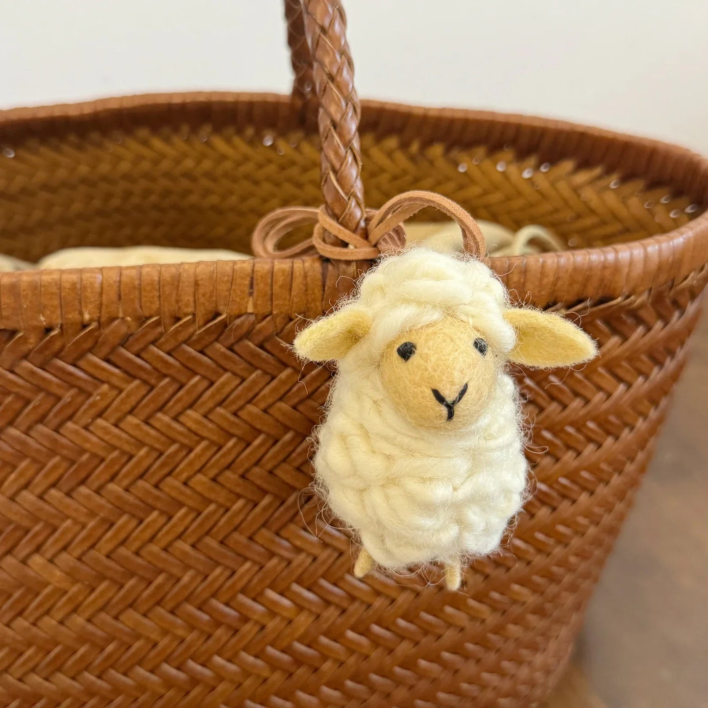 Oatmeal wool felt sheep bag charm with leather cord