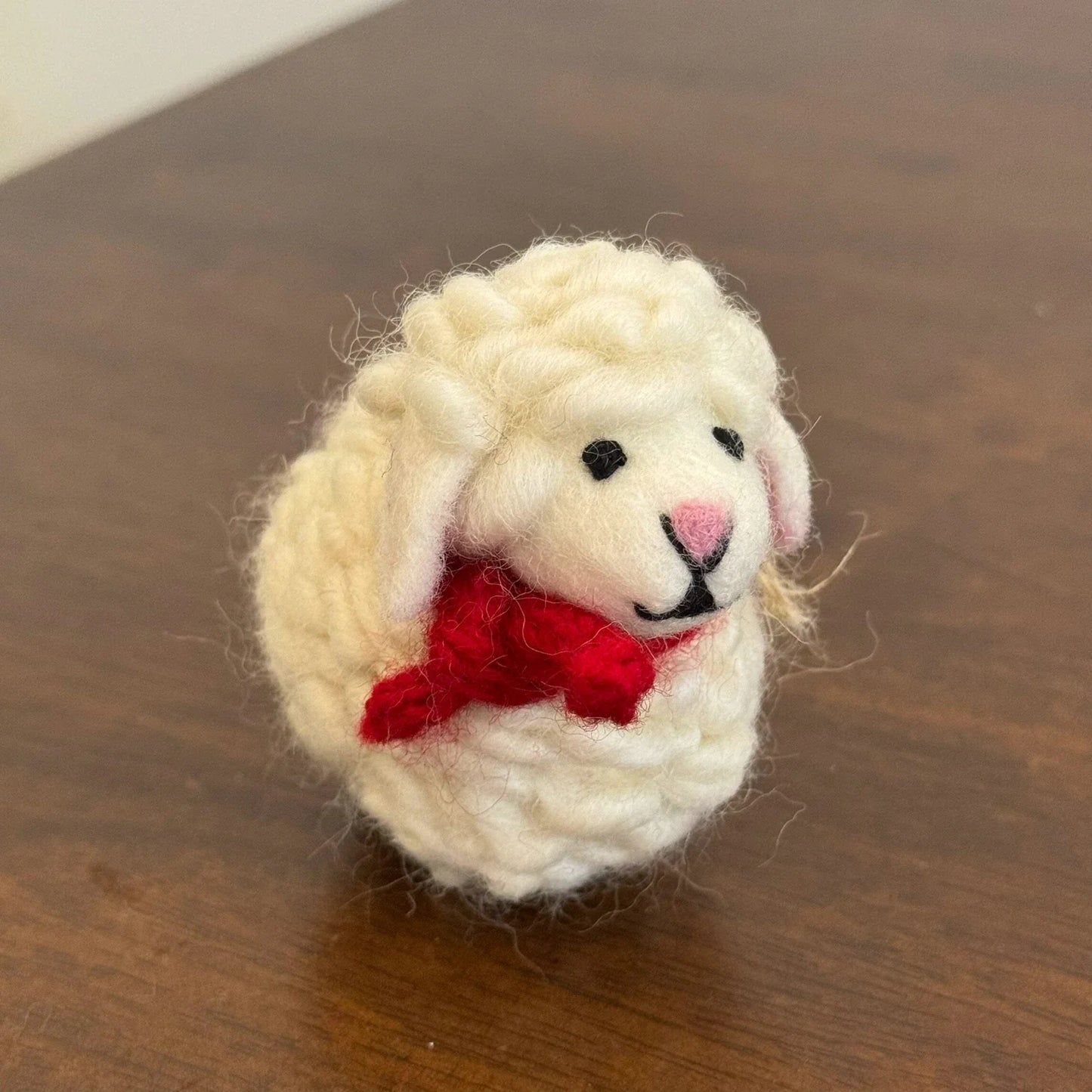 Cream wool felt sheep charm with red scarf