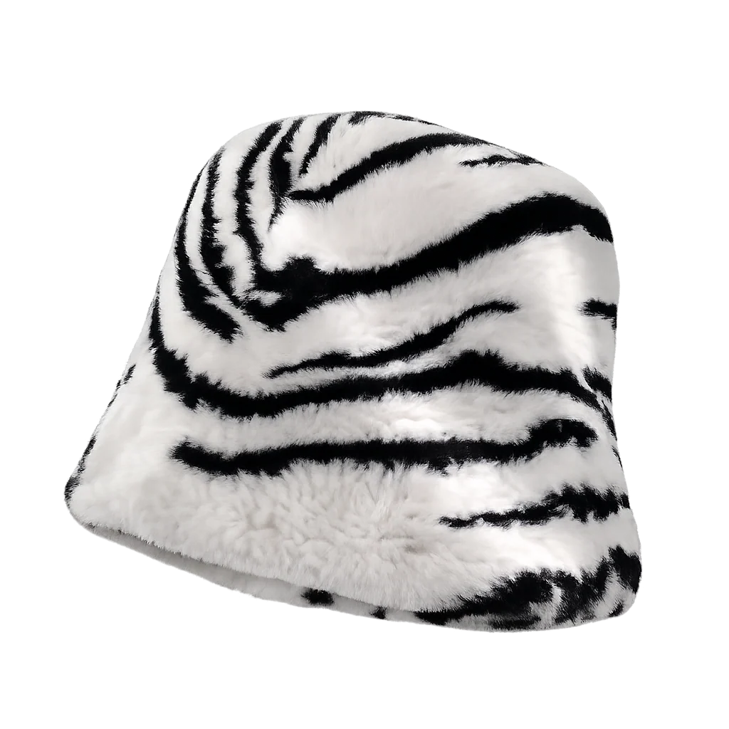 Ivory-and-black striped rex rabbit fur bucket hat, front view