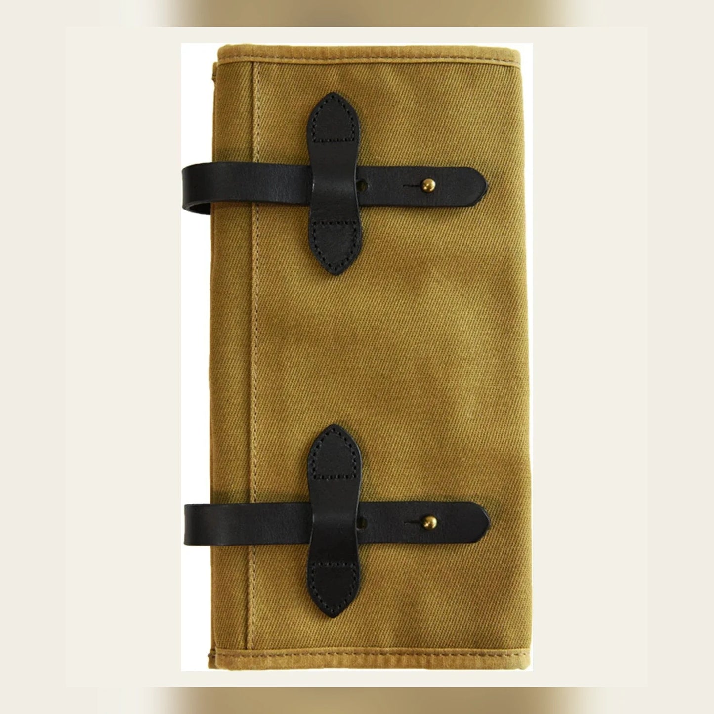 Clean full view of the Khaki waxed canvas roll-up tool organizer with dark cowhide straps