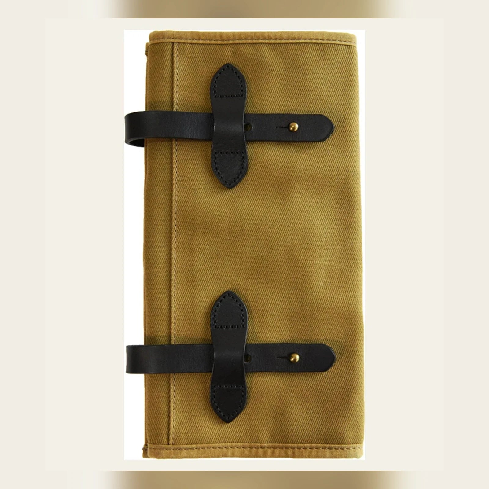 Clean full view of the Khaki waxed canvas roll-up tool organizer with dark cowhide straps
