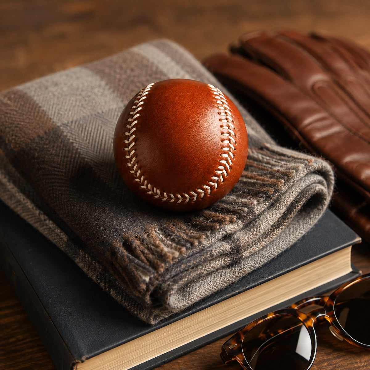 Leather baseball styled with wool textile, book, glove, and sunglasses