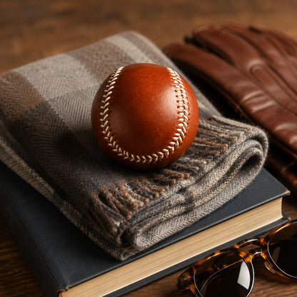 Leather baseball styled with wool textile, book, glove, and sunglasses