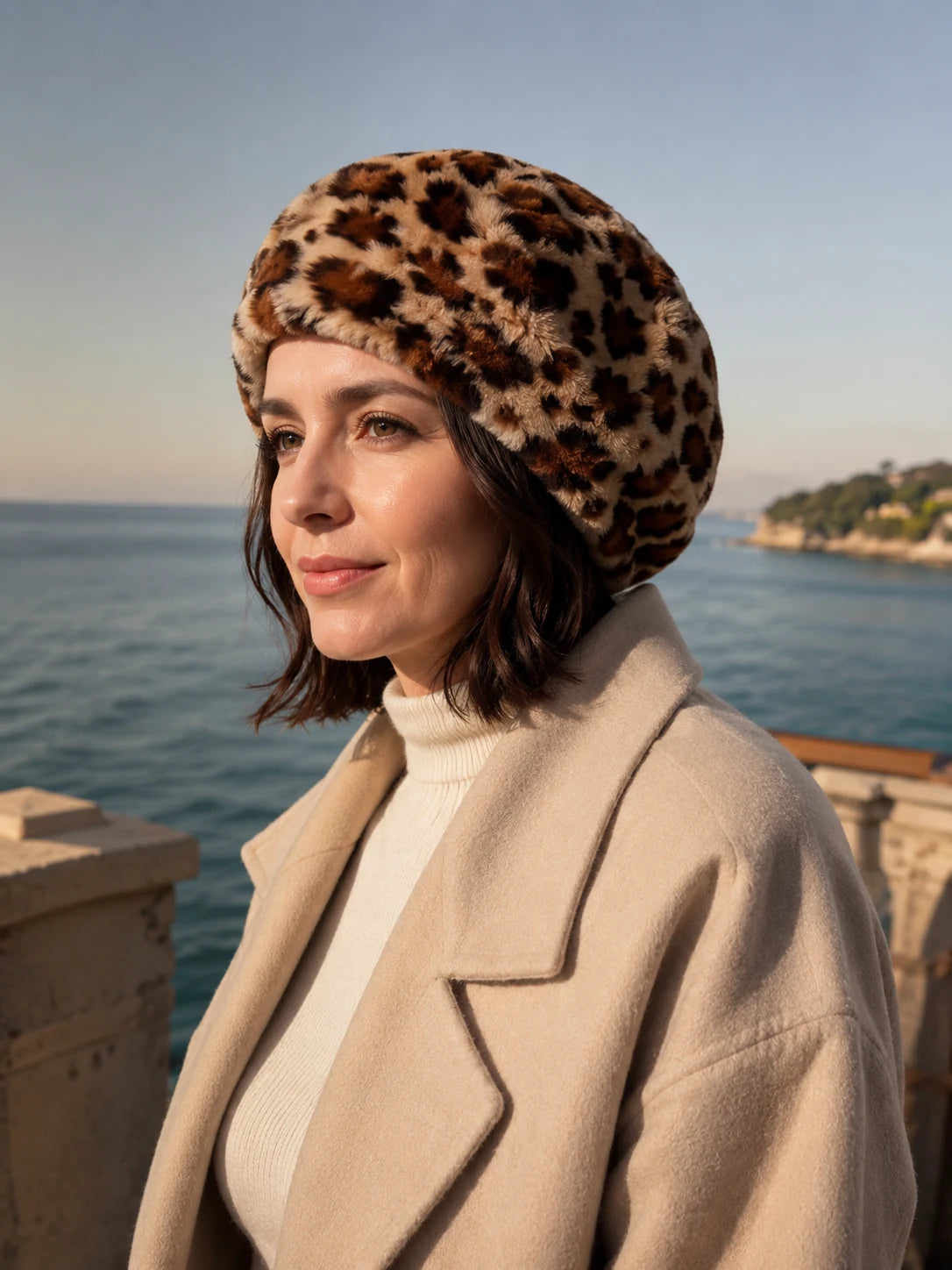 Woman wearing the Leopard genuine Rex rabbit fur beret by the coast