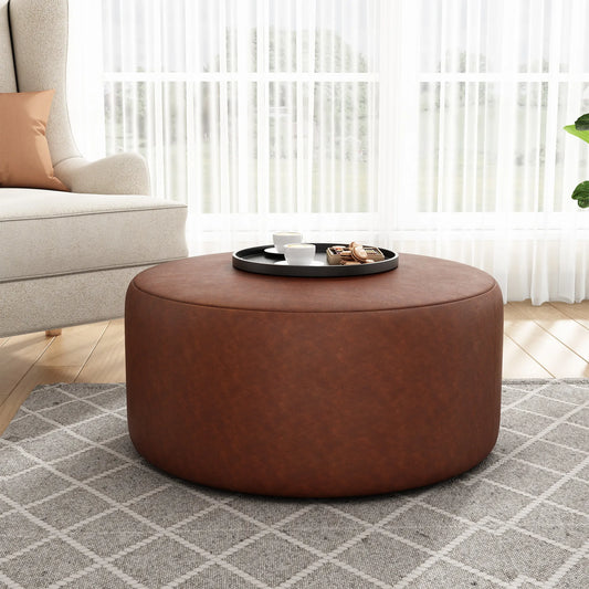 Round Faux Leather Ottoman – Light Brown – view 1