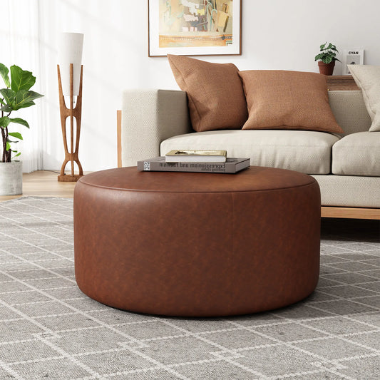 Round Faux Leather Ottoman – Light Brown – view 2