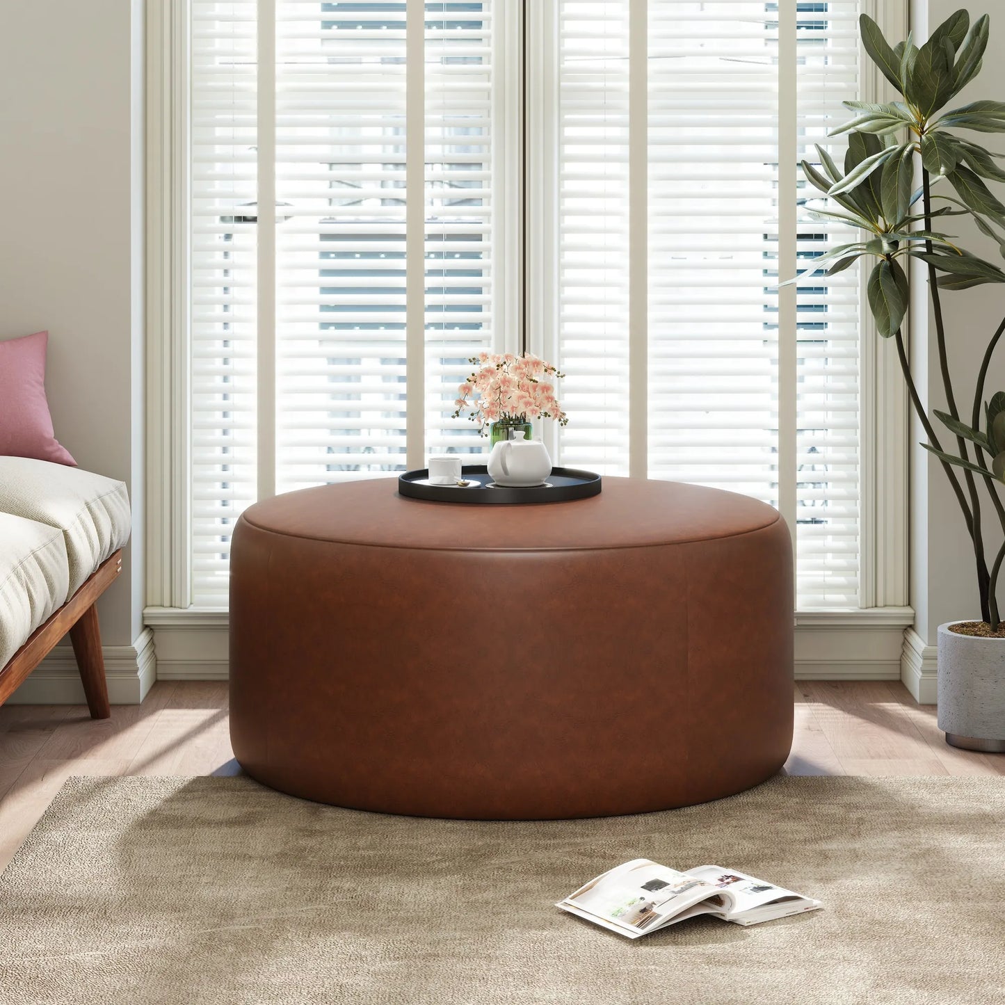 Round Faux Leather Ottoman – Light Brown – view 3