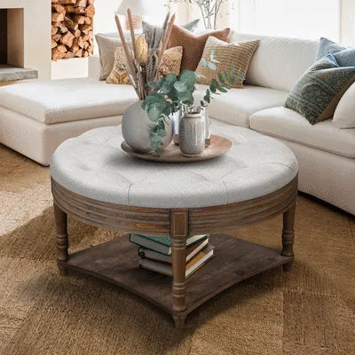 Oversized Round Tufted Ottoman Coffee Table with Storage Shelf – Light Gray – view 1