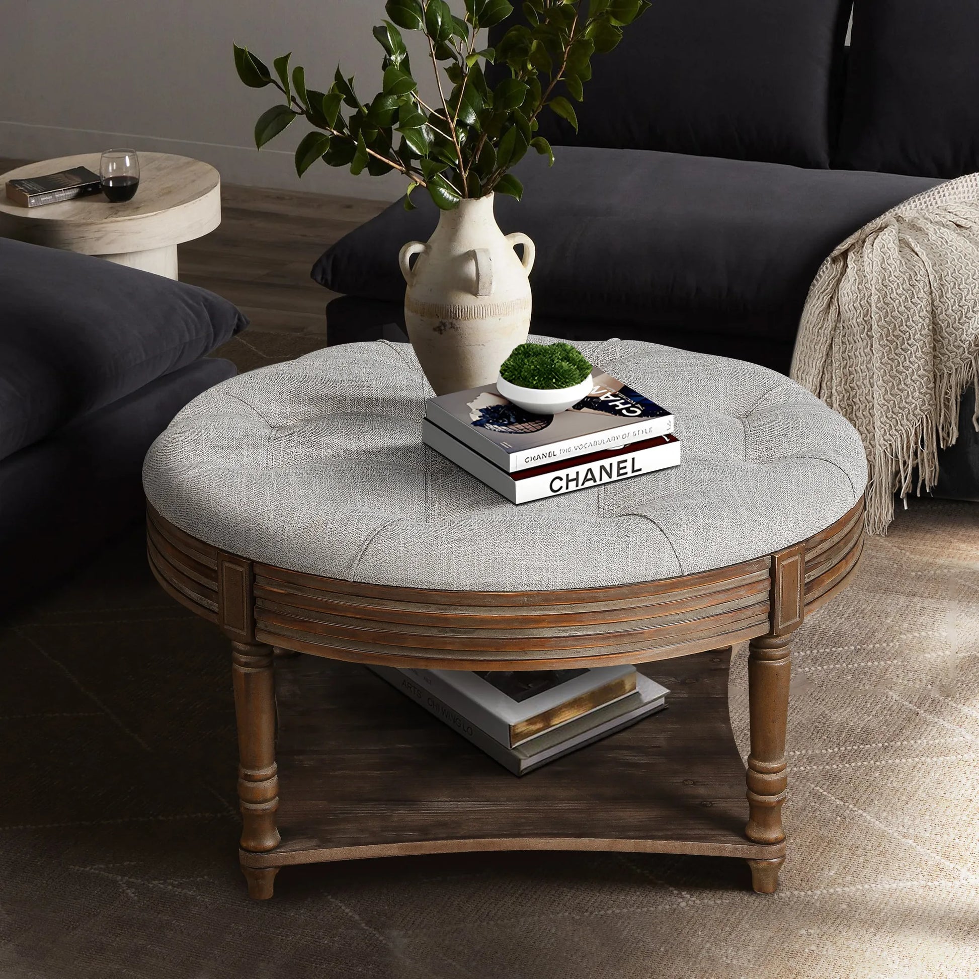 Oversized Round Tufted Ottoman Coffee Table with Storage Shelf – Light Gray – view 2