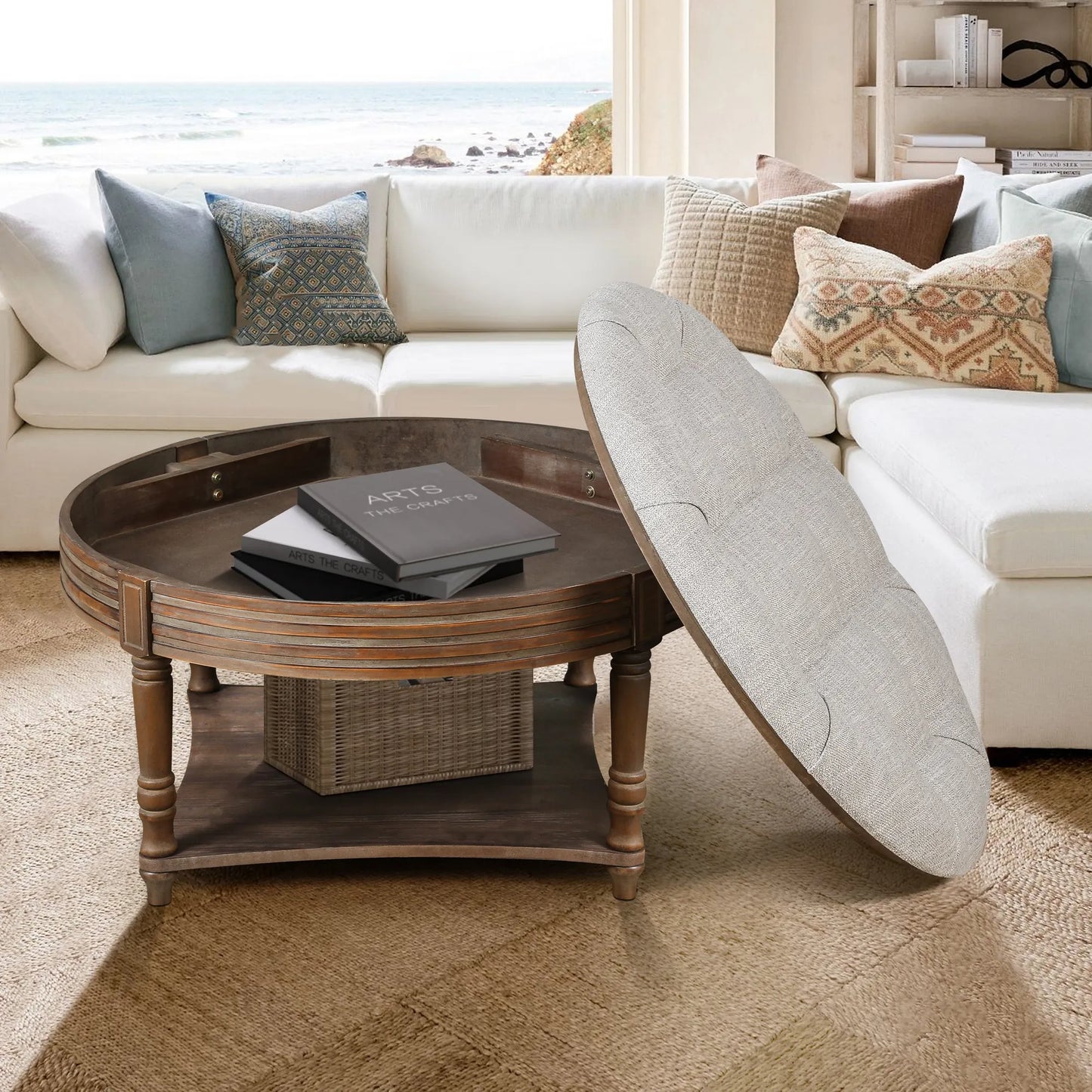 Oversized Round Tufted Ottoman Coffee Table with Storage Shelf – Light Gray – view 4