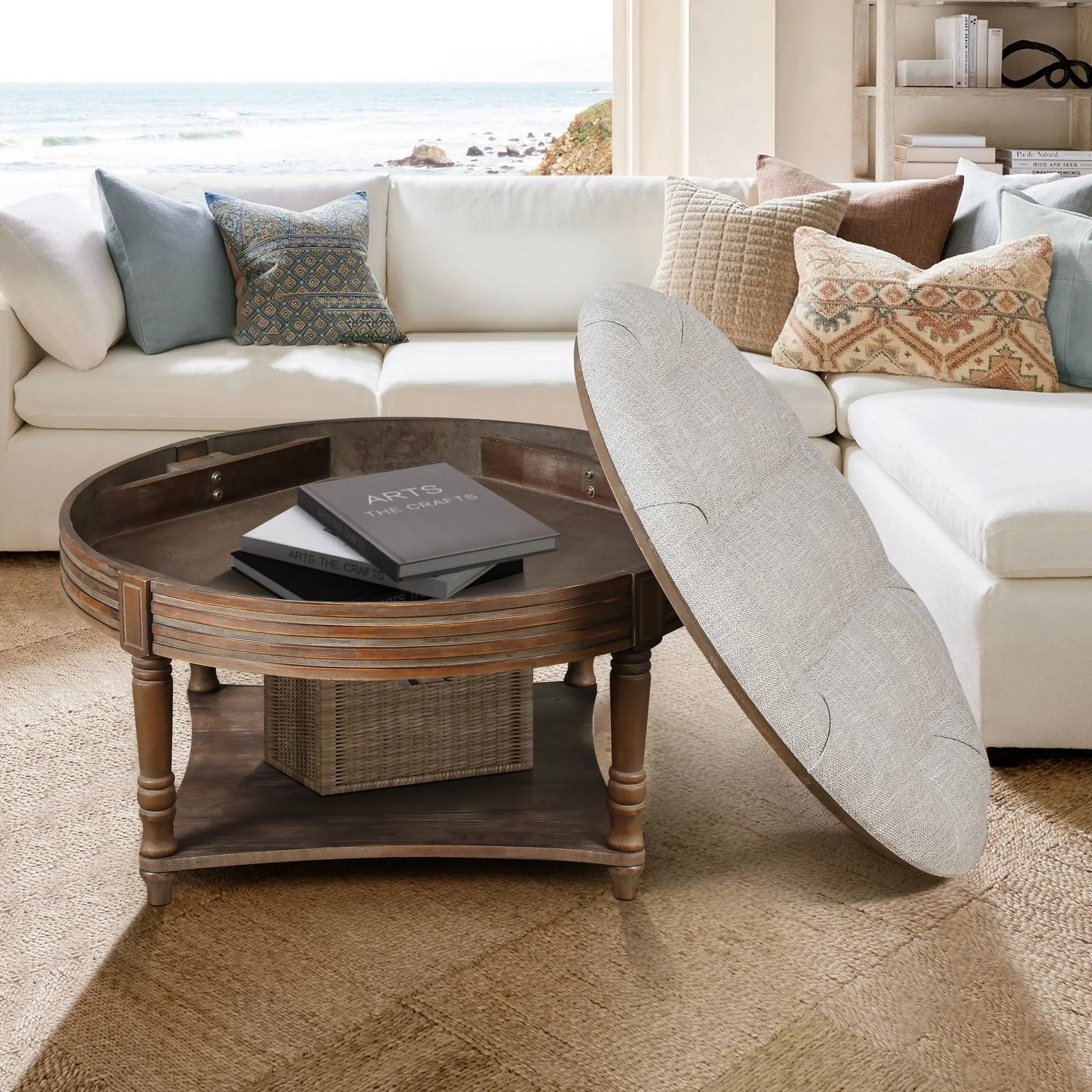 Oversized Round Tufted Ottoman Coffee Table with Storage Shelf – Light Gray – view 4