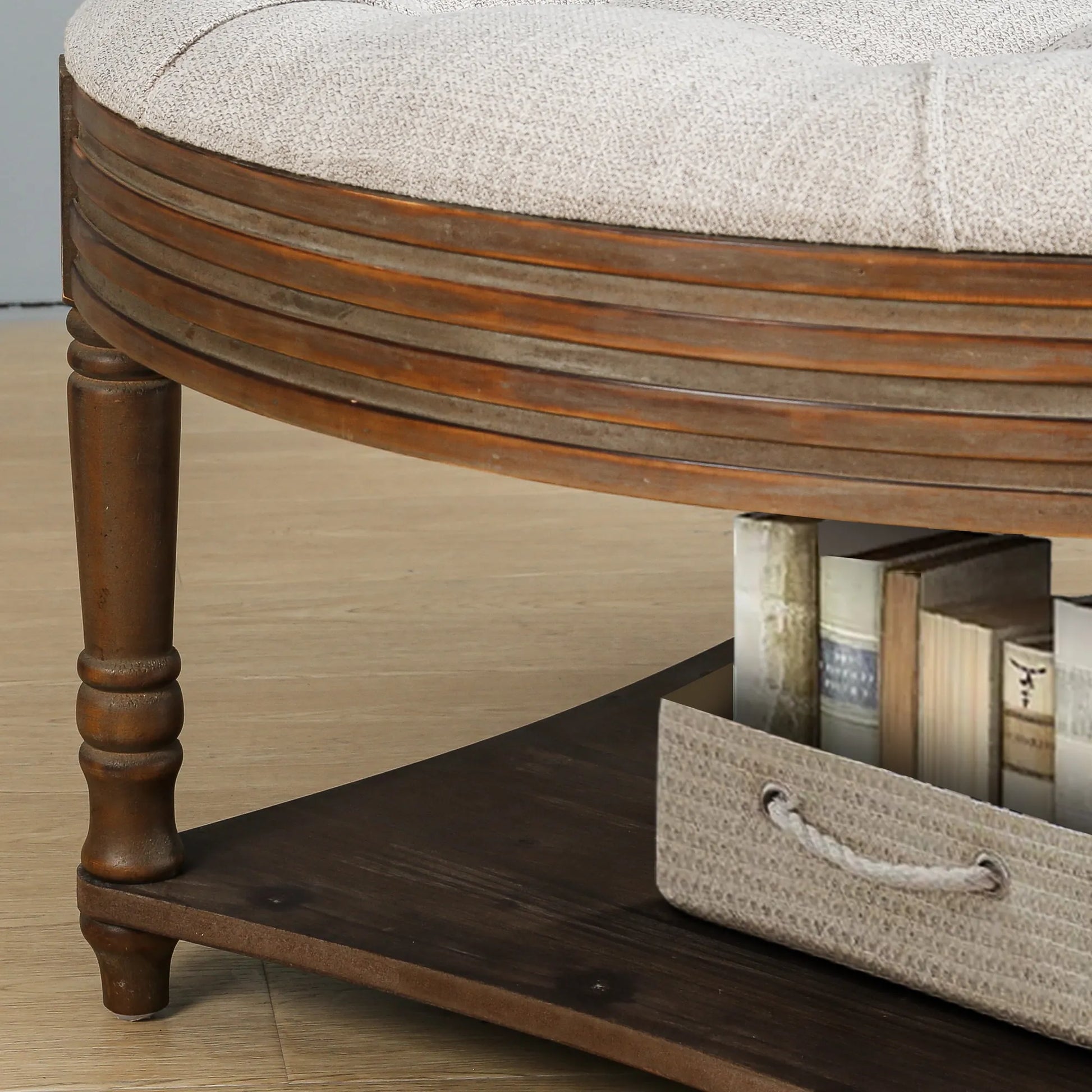 Oversized Round Tufted Ottoman Coffee Table with Storage Shelf – Light Gray – view 5