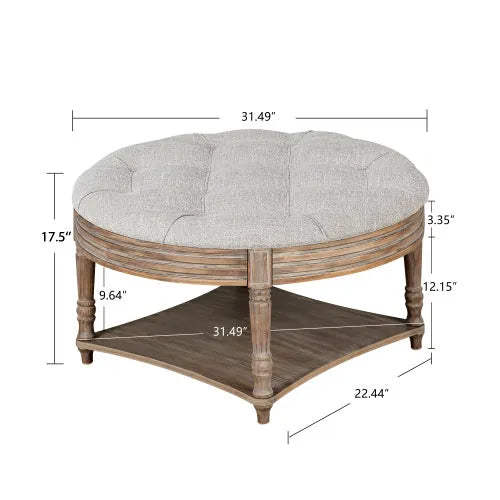 Oversized Round Tufted Ottoman Coffee Table with Storage Shelf – Light Gray – view 6