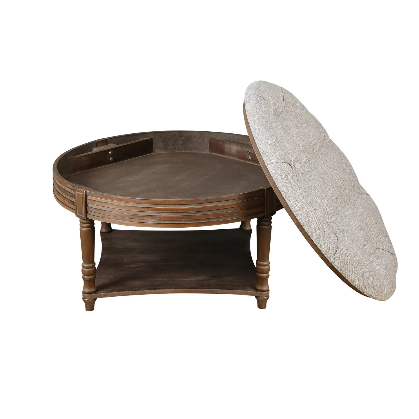 Oversized Round Tufted Ottoman Coffee Table with Storage Shelf – Light Gray – view 7