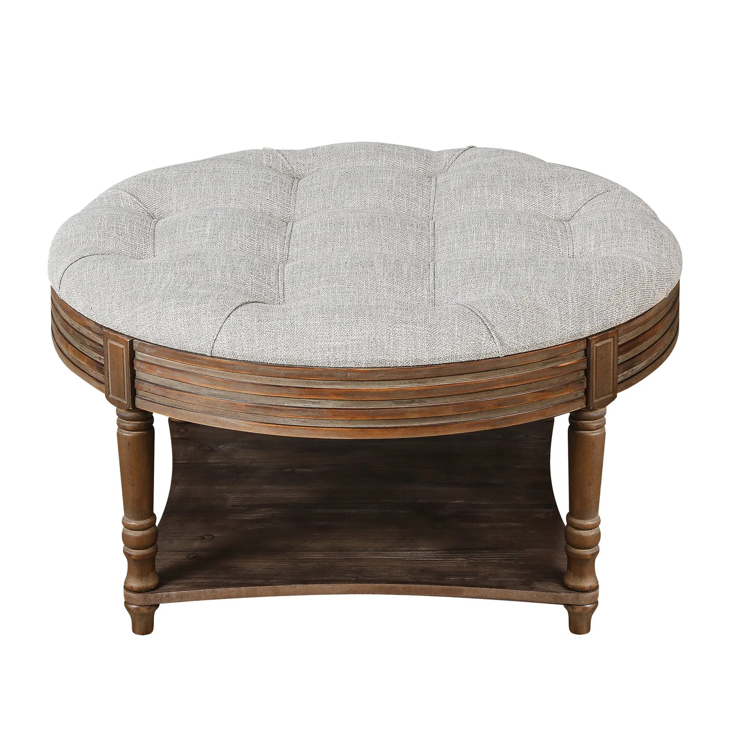 Oversized Round Tufted Ottoman Coffee Table with Storage Shelf – Light Gray – view 9