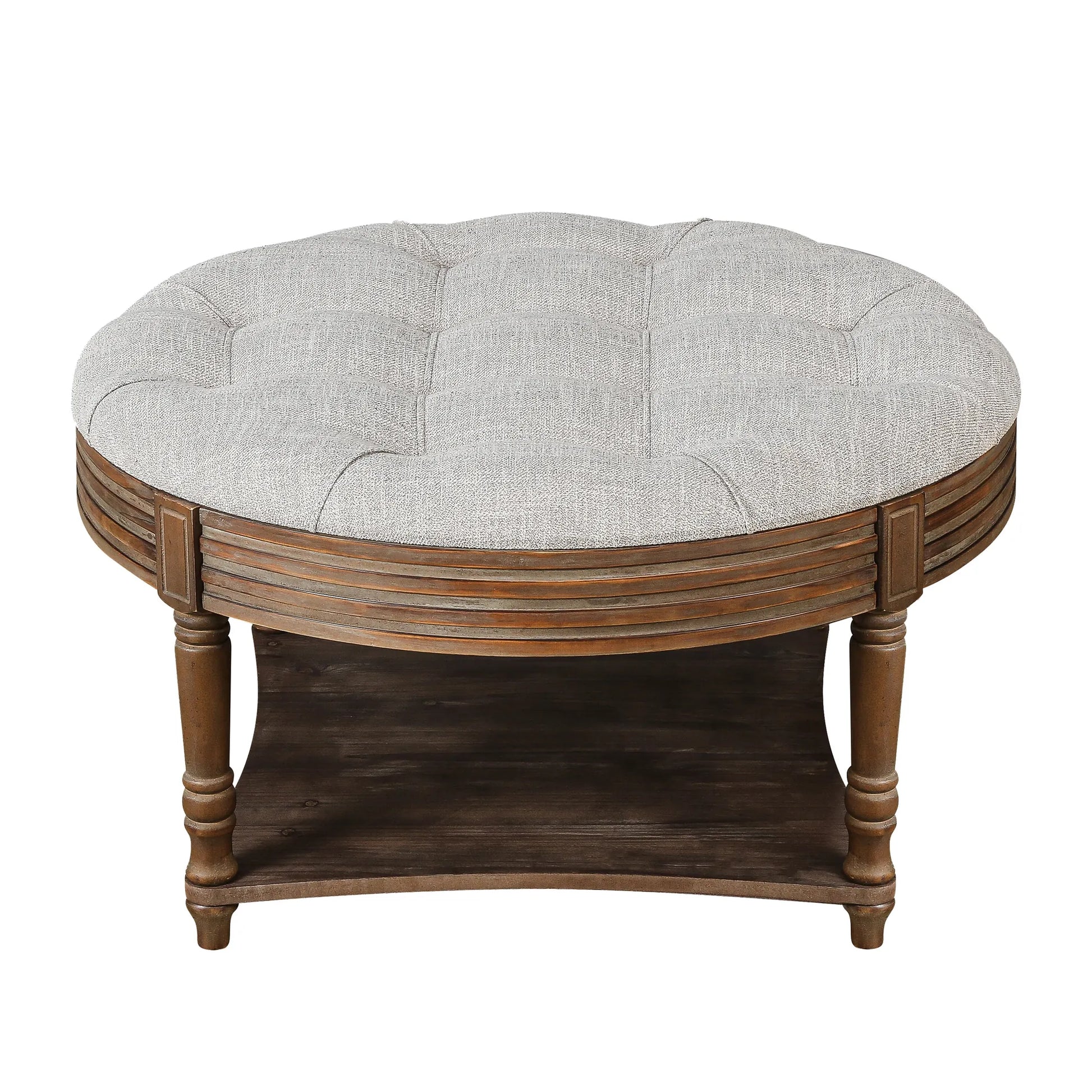 Oversized Round Tufted Ottoman Coffee Table with Storage Shelf – Light Gray – view 9