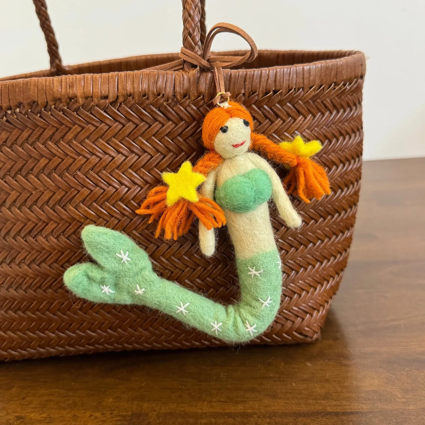 Light green tail wool felt mermaid charm with cord loop