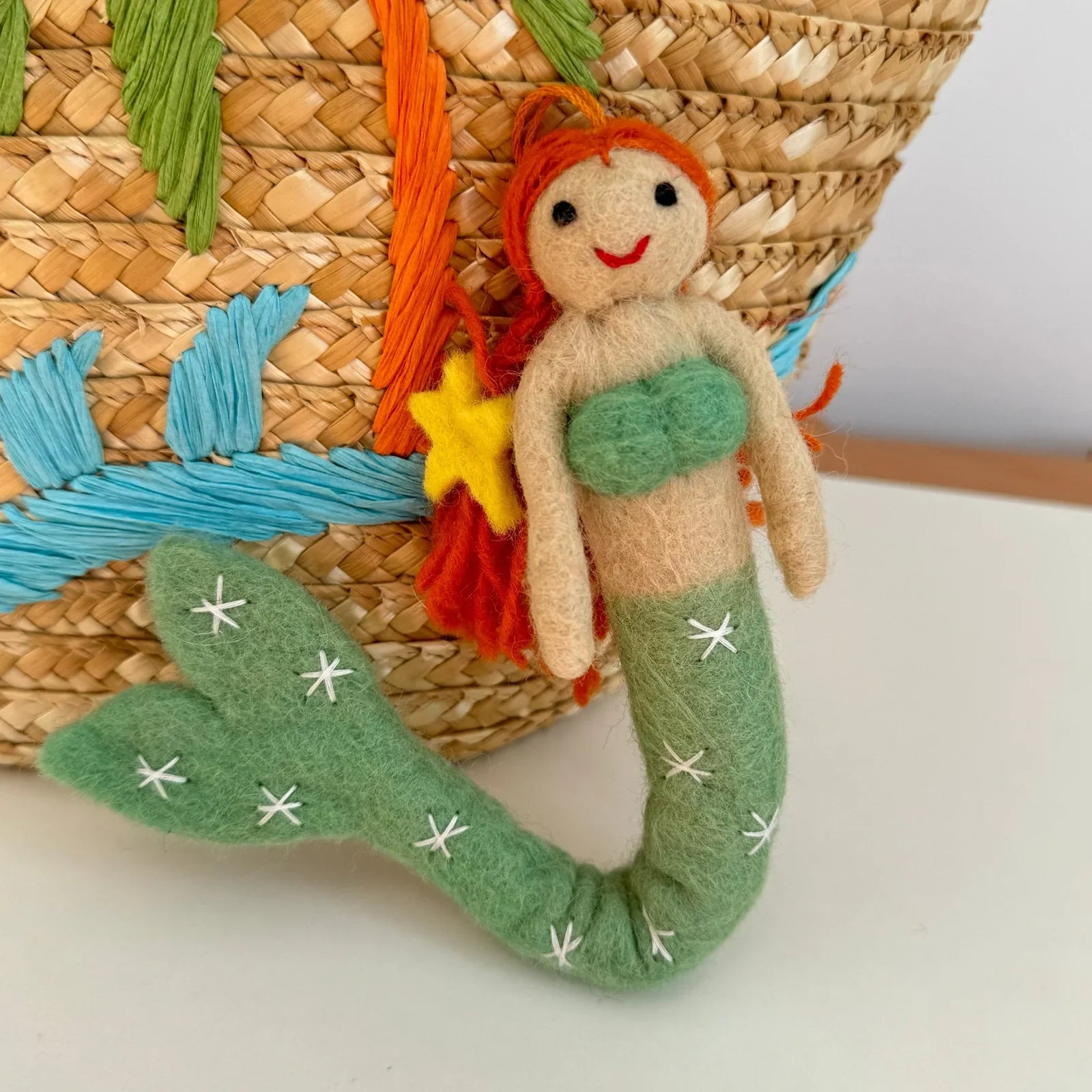 Light green tail wool felt mermaid charm with cord and keyring