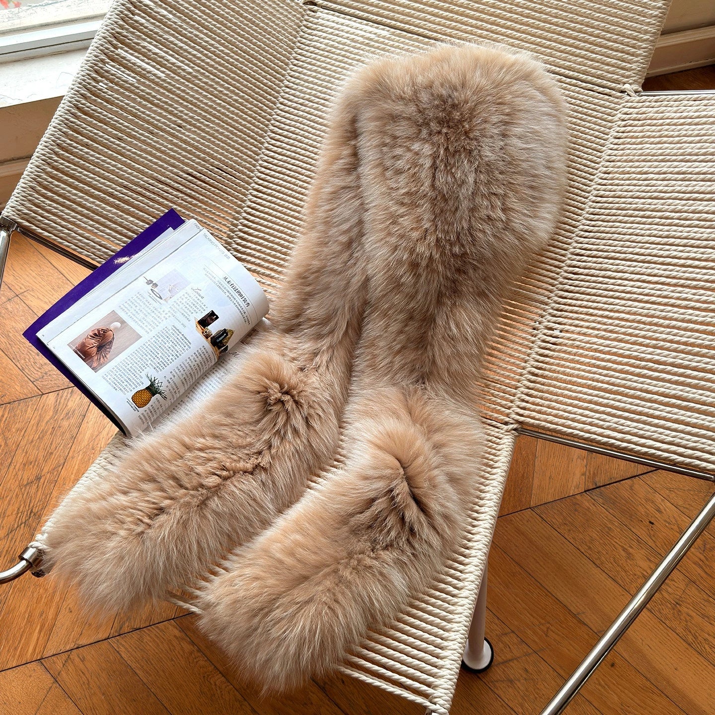 Light Sable Brown fox fur hooded scarf with long rounded ends