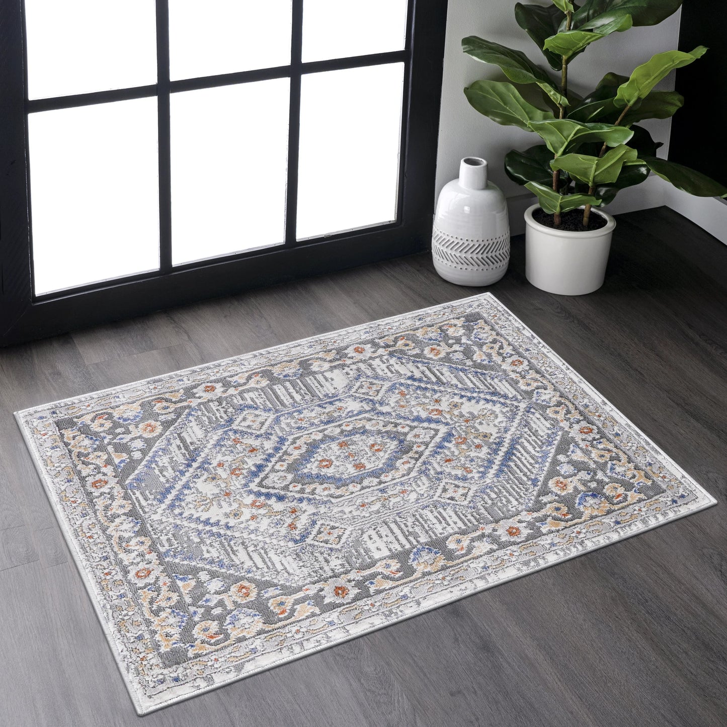 Loom & Luxe Blue & Cream & Bordered Area Rug