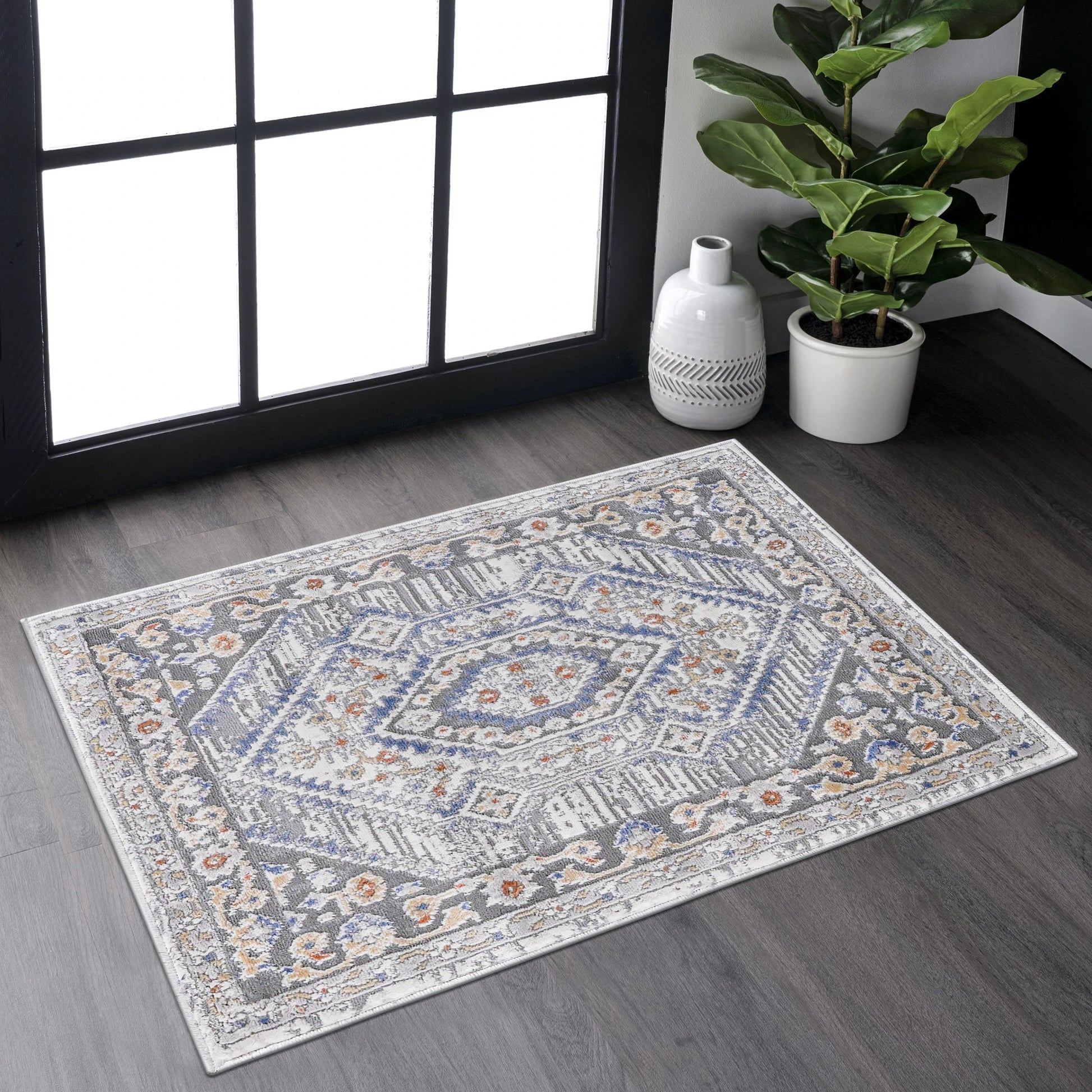 Loom & Luxe Blue & Cream & Bordered Area Rug