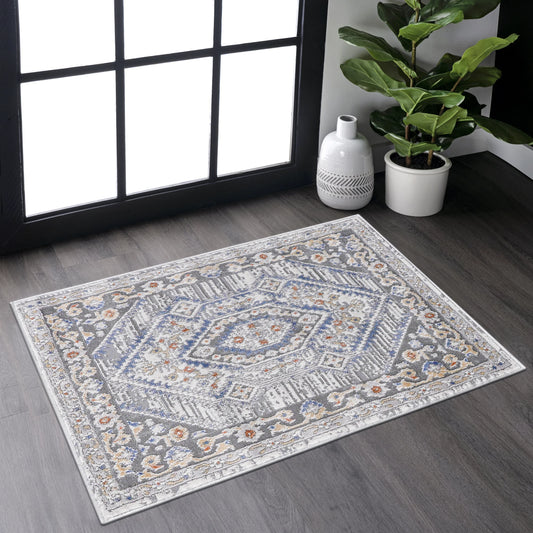 Loom & Luxe Blue & Cream & Bordered Area Rug