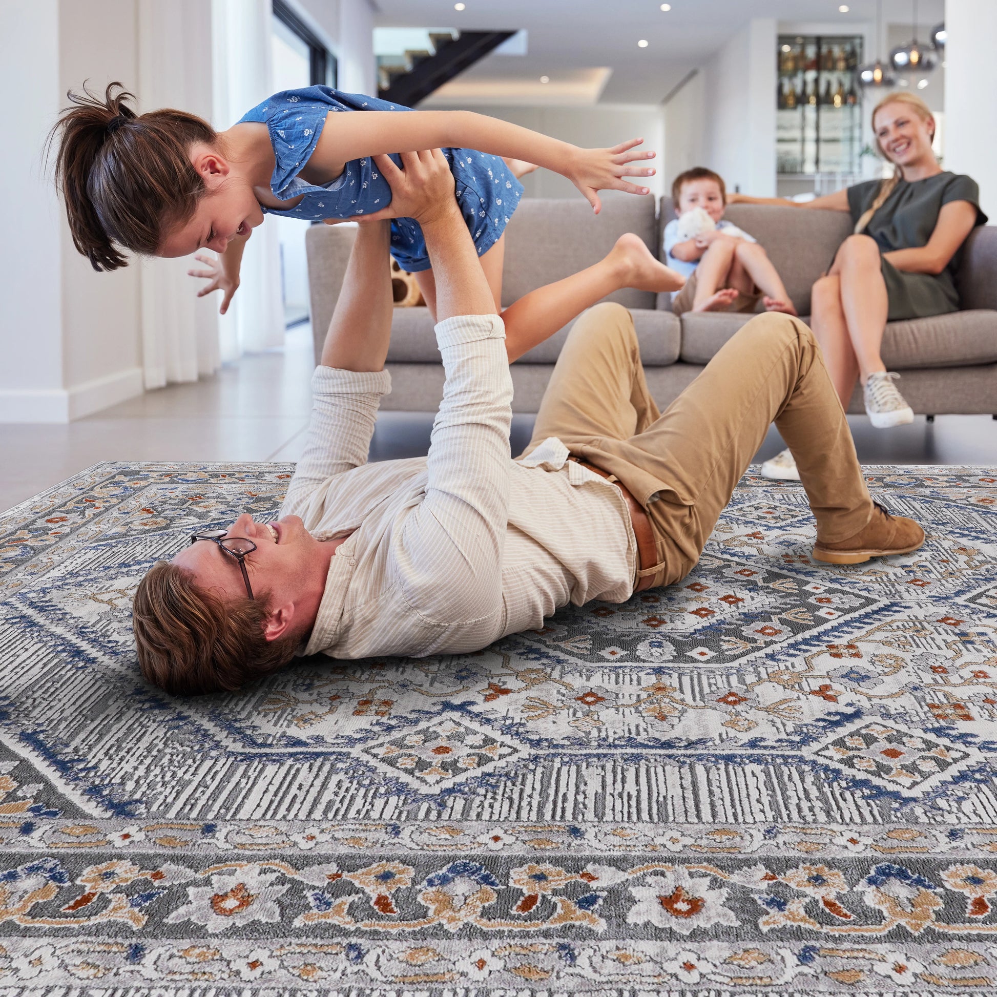 Loom & Luxe Blue & Cream & Bordered Area Rug
