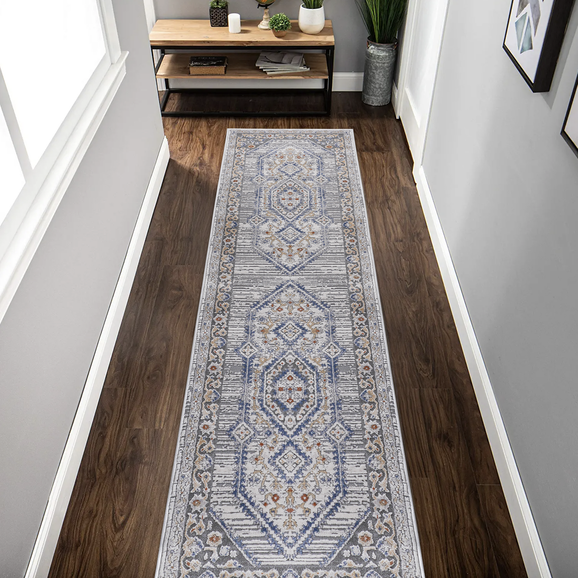 Loom & Luxe Blue & Cream & Bordered Area Rug
