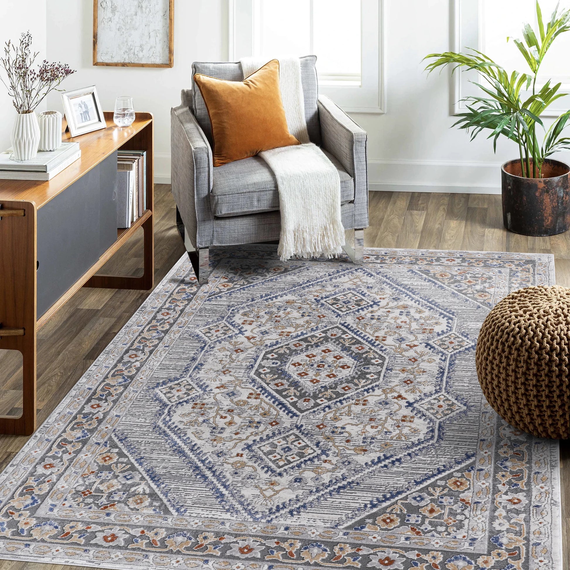 Loom & Luxe Blue & Cream & Bordered Area Rug