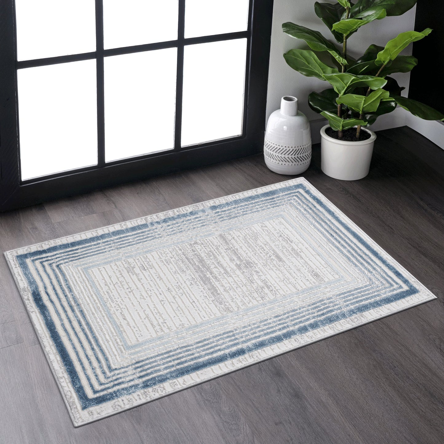 Loom & Luxe Blue & Ivory & Bordered Area Rug
