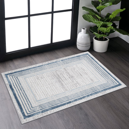Loom & Luxe Blue & Ivory & Bordered Area Rug