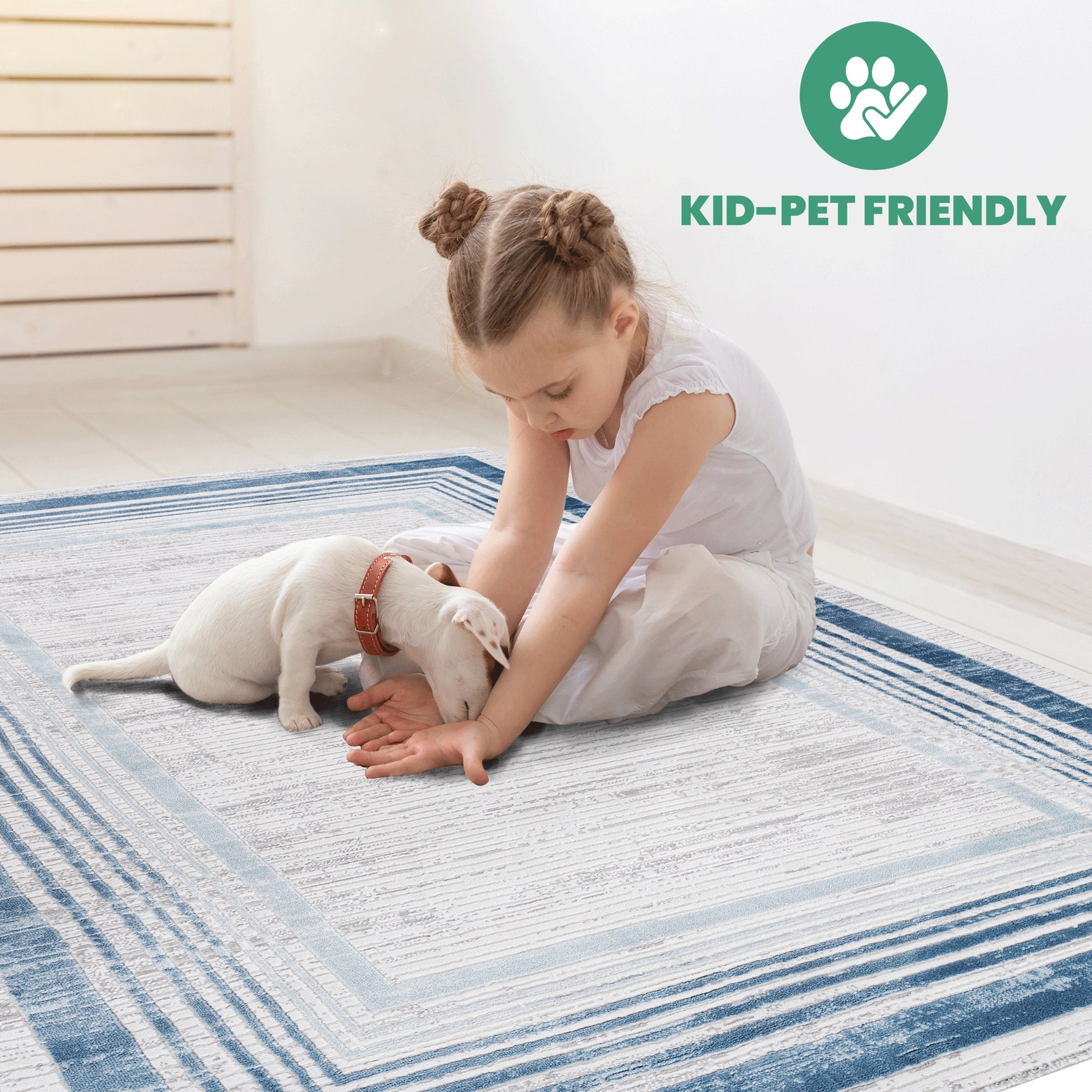 Loom & Luxe Blue & Ivory & Bordered Area Rug