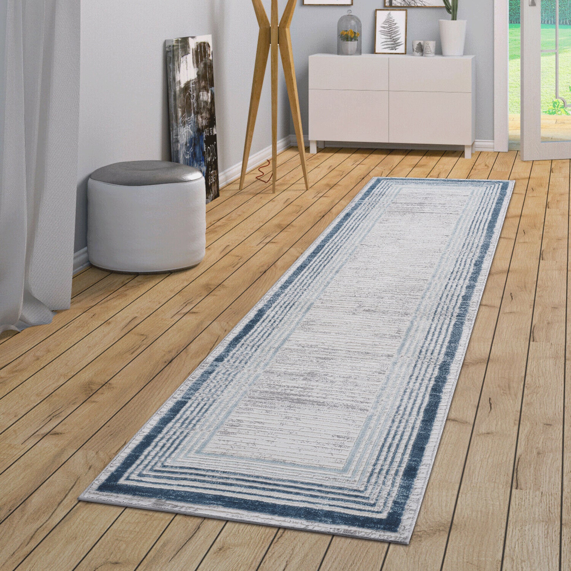 Loom & Luxe Blue & Ivory & Bordered Area Rug