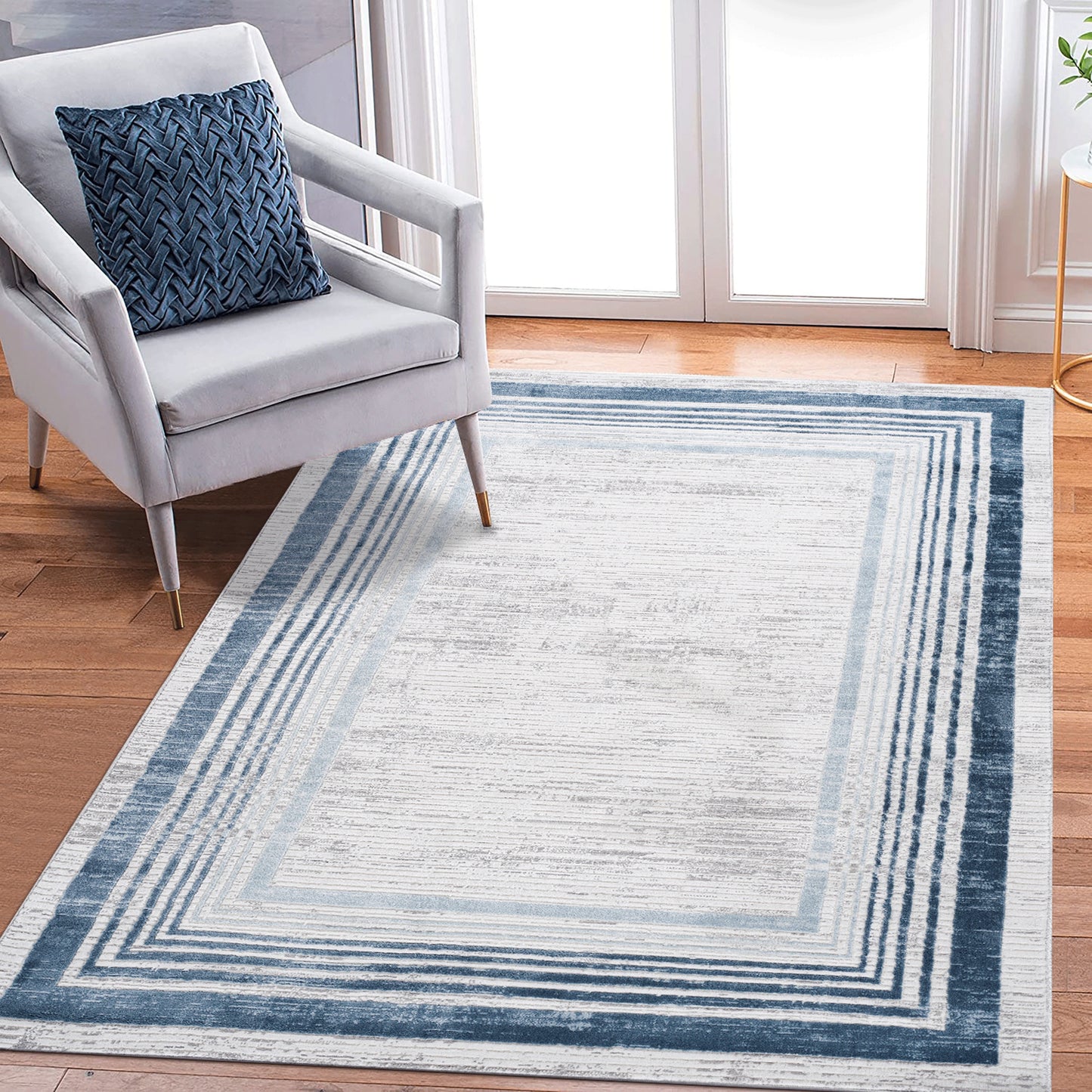 Loom & Luxe Blue & Ivory & Bordered Area Rug