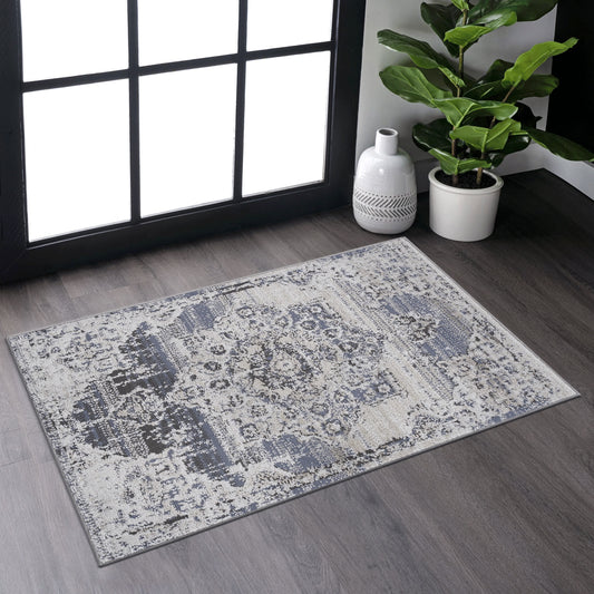 Loom & Luxe Cream & Blue & Medallion Area Rug