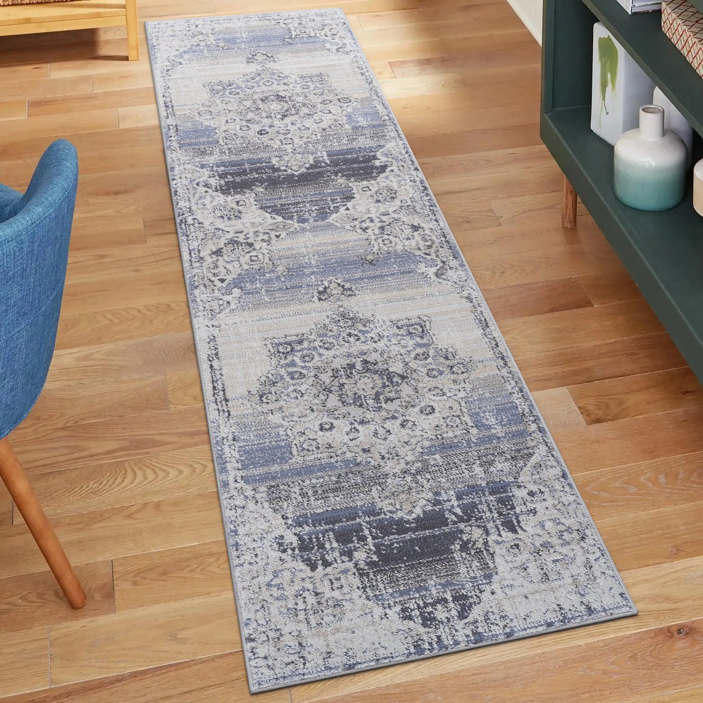 Loom & Luxe Cream & Blue & Medallion Area Rug