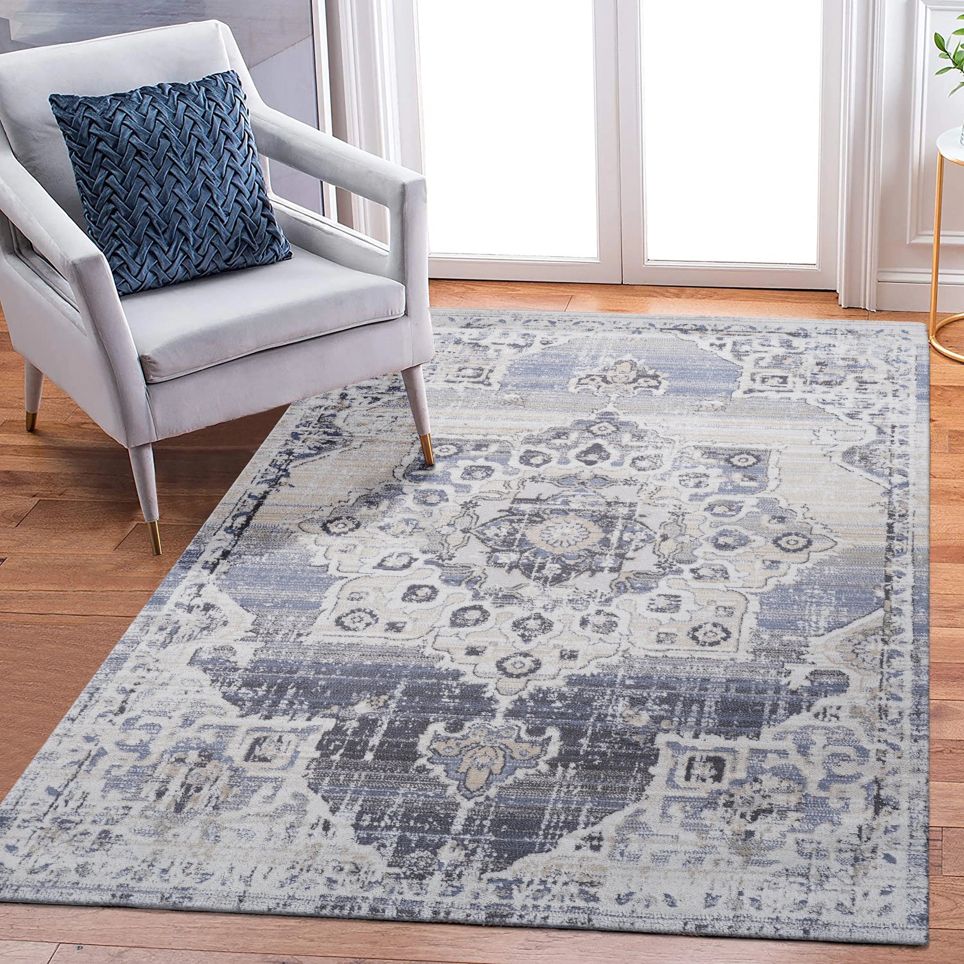 Loom & Luxe Cream & Blue & Medallion Area Rug