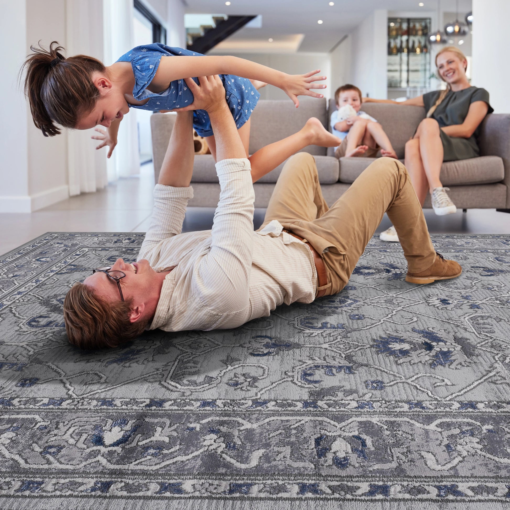 Loom & Luxe Grey & Blue & Oriental Area Rug