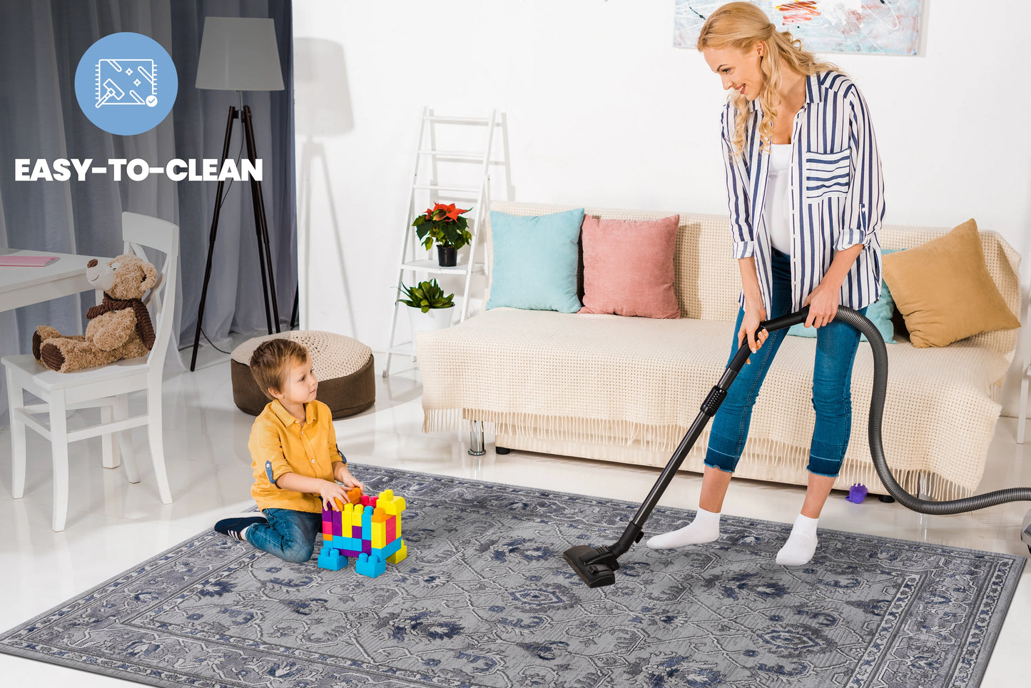 Loom & Luxe Grey & Blue & Oriental Area Rug