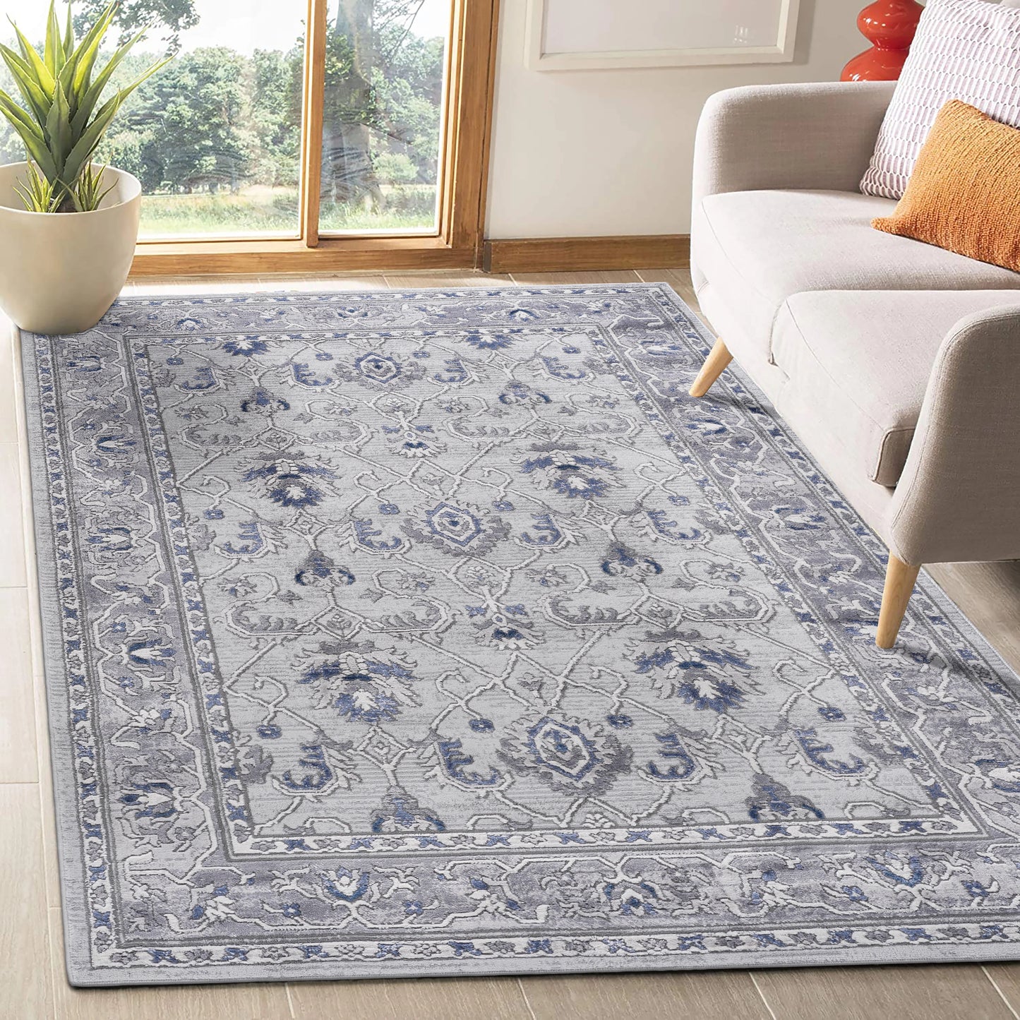 Loom & Luxe Grey & Blue & Oriental Area Rug