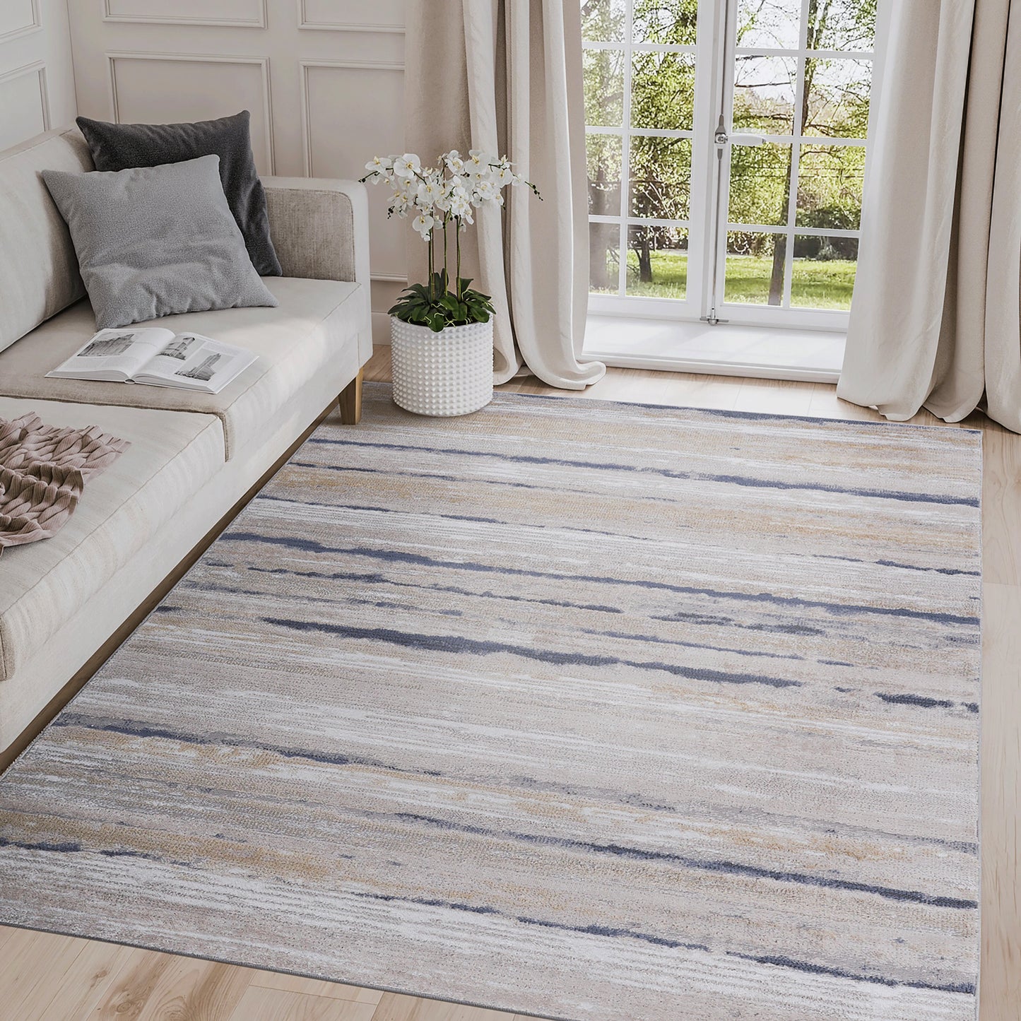 Loom & Luxe Ivory & Blue & Striped Area Rug