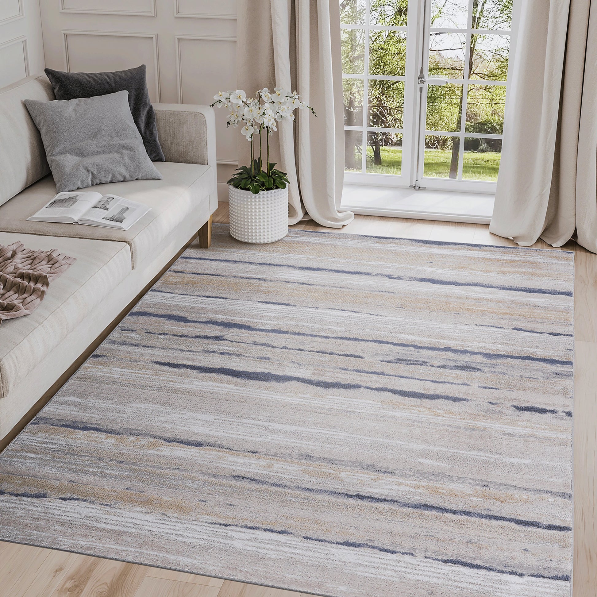 Loom & Luxe Ivory & Blue & Striped Area Rug