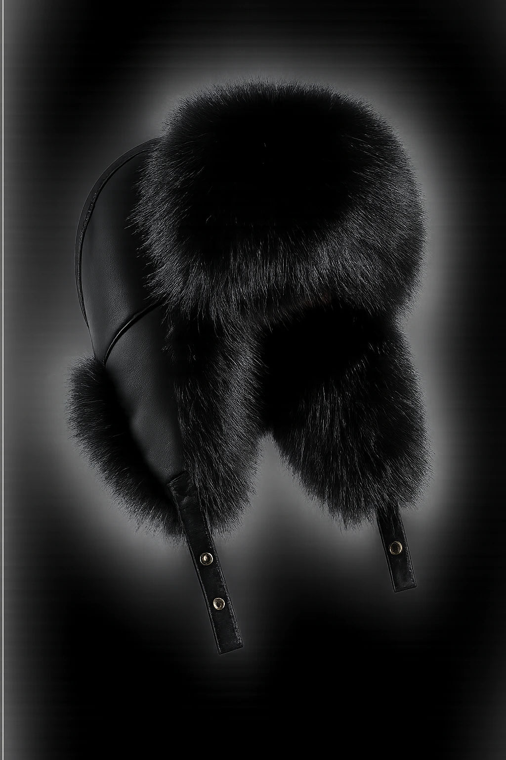 Men's black fox fur and leather winter trapper hat