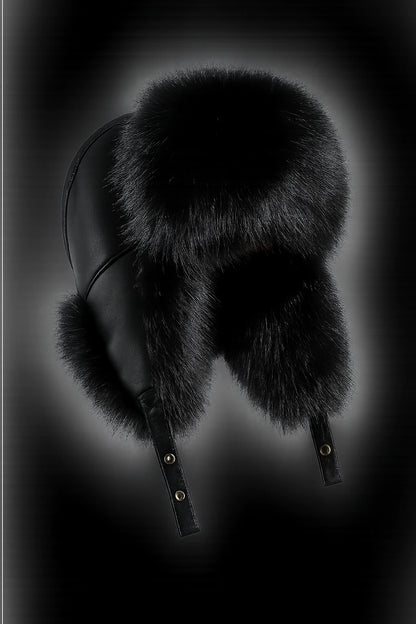 Men's black fox fur and leather winter trapper hat