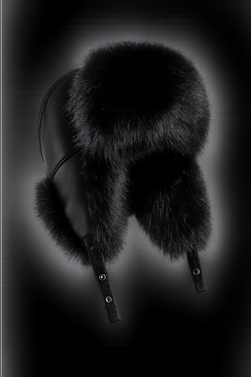 Men's black fox fur and leather winter trapper hat