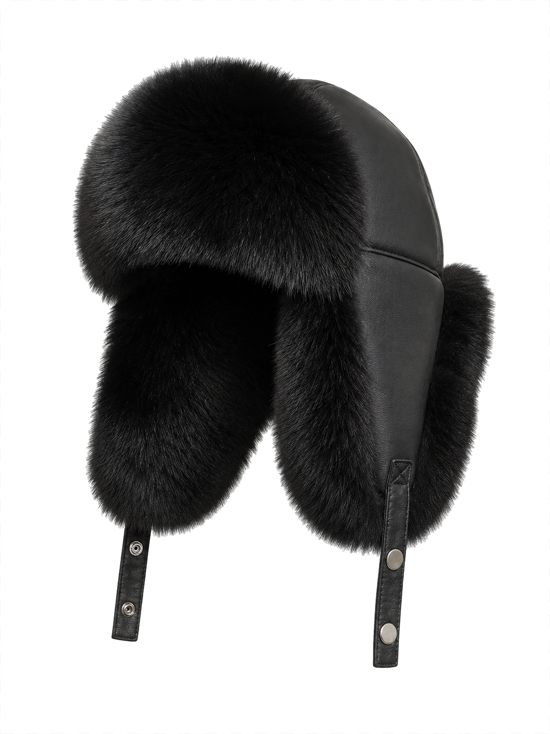 Men's Natural Black Fox fur and sheepskin leather trapper hat