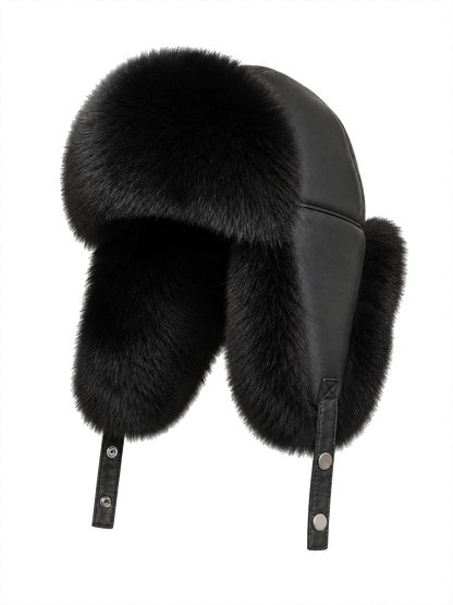 Men's Natural Black Fox fur and sheepskin leather trapper hat